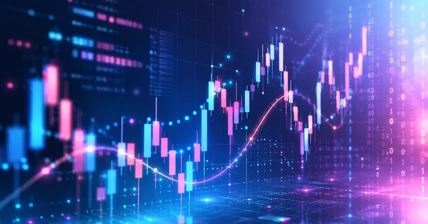 Биржевой график на фоне двоичного кода